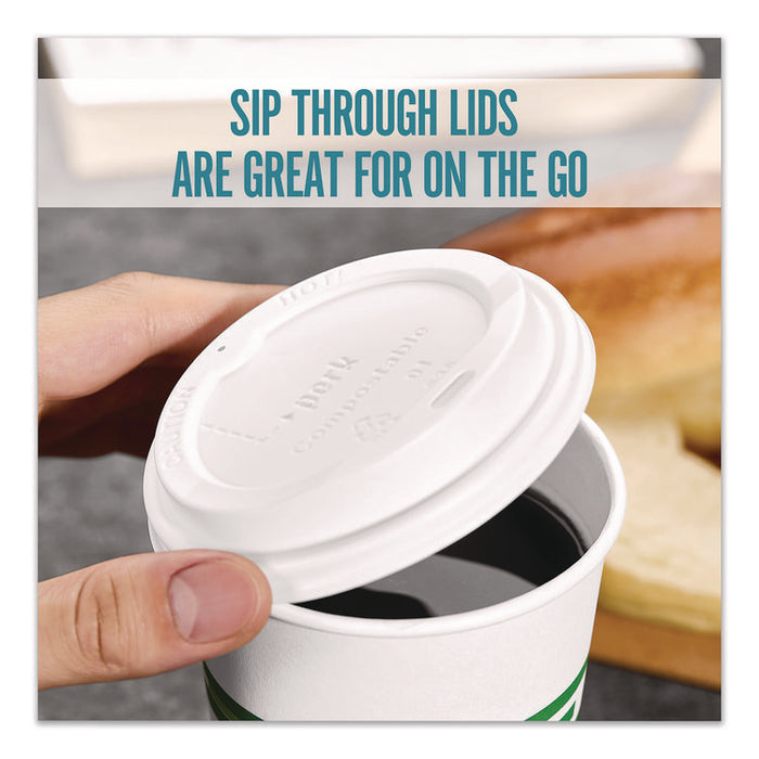 Compostable Plastic Hot Cup Lids, Fits 10 oz to 16 oz Hot Cups, Plastic, White, 500/Carton