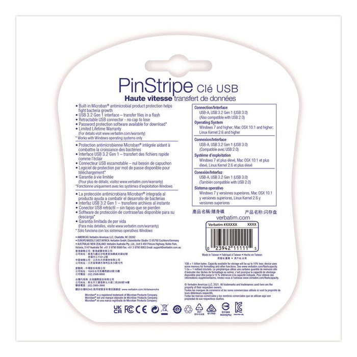 PinStripe USB 3.0 Flash Drive, 16 GB, Assorted Colors, 5/Pack