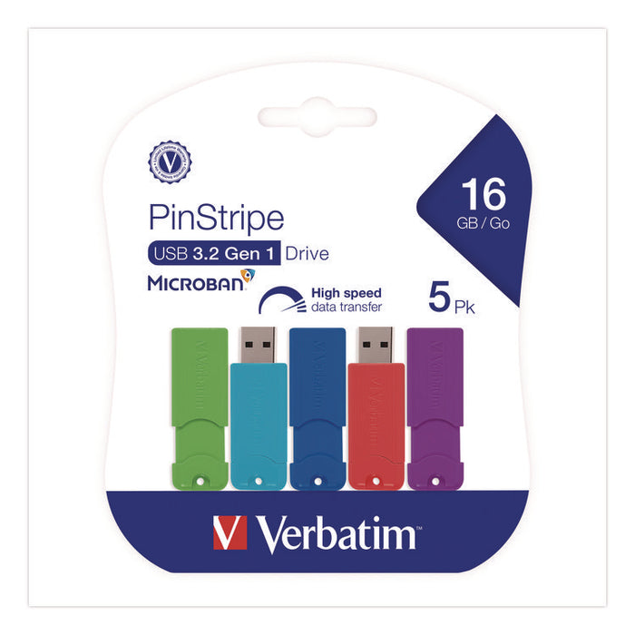 PinStripe USB 3.0 Flash Drive, 16 GB, Assorted Colors, 5/Pack