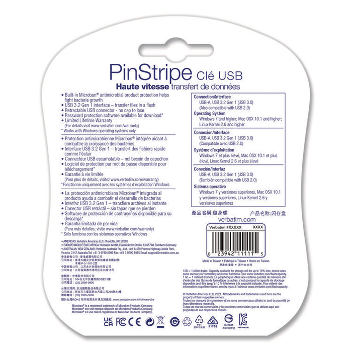 PinStripe USB 3.2 Flash Drive, 64 GB, Assorted Colors, 5/Pack