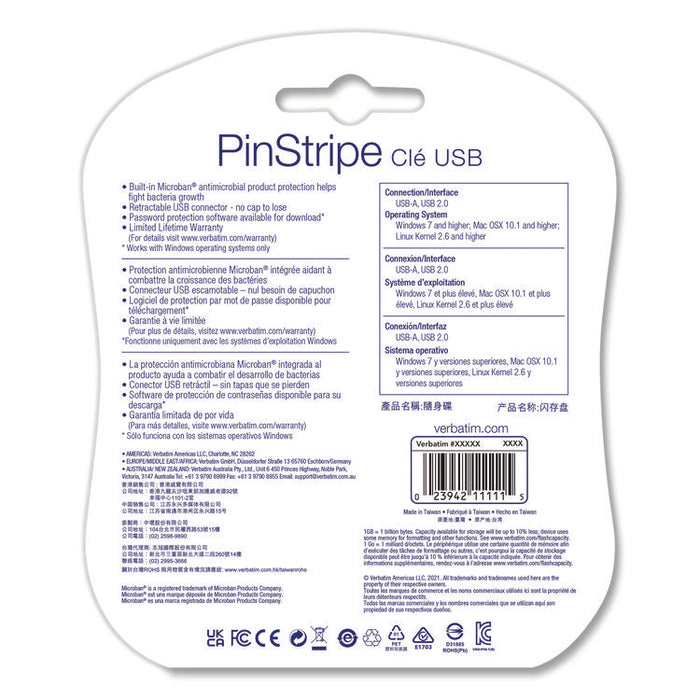 PinStripe USB 2.0 Flash Drive, 128 GB, Blue/Red, 2/Pack