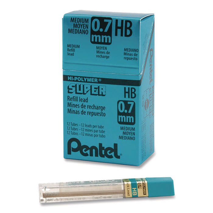 Super Hi-Polymer Lead Refills, 0.7 mm, HB, Black, 12 Leads/Tube, 12 Tubes/Box