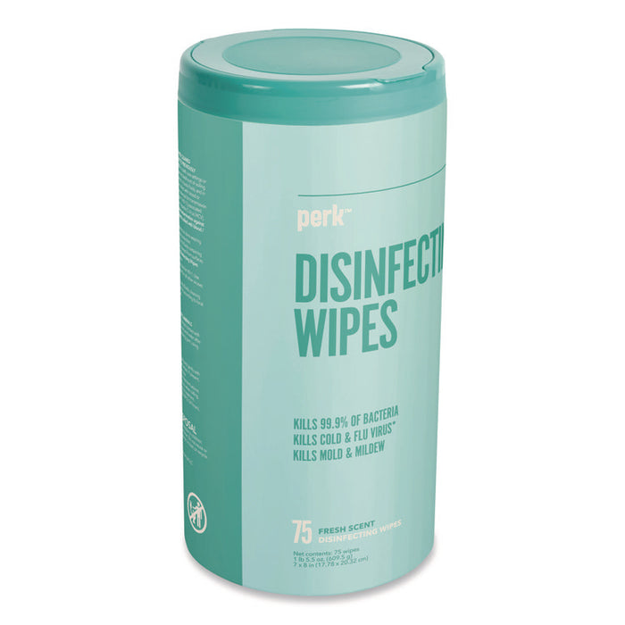 Disinfecting Wipes, 7 x 8, Fresh, White, 75 Wipes/Canister, 6/Carton