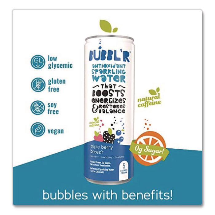 Antioxidant Sparkling Water, Triple Berry Breez'r, 12 oz Can, 12 Cans/Carton