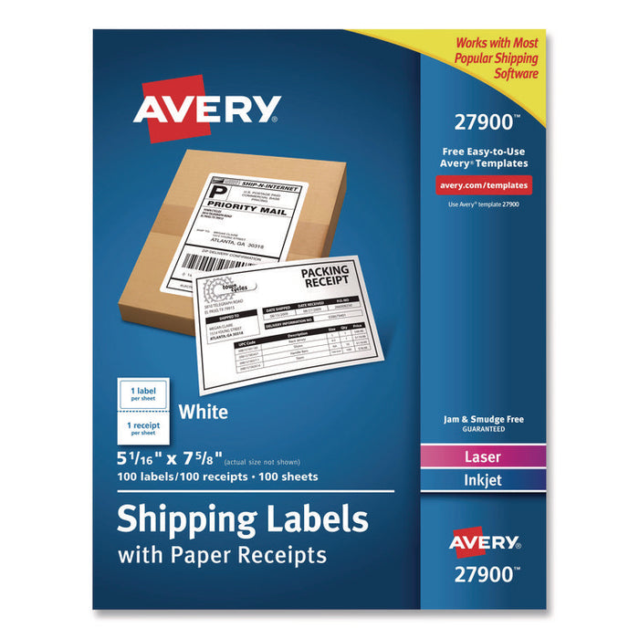 Shipping Labels with Paper Receipt Bulk Pack, Inkjet/Laser Printers, 5.06 x 7.63, White, 100/Box