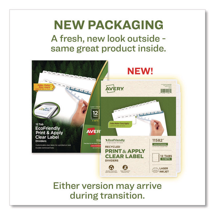 Index Maker EcoFriendly Print and Apply Clear Label Dividers with White Tabs, 12-Tab, 11 x 8.5, White, 5 Sets