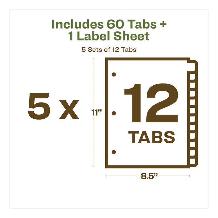 Index Maker EcoFriendly Print and Apply Clear Label Dividers with White Tabs, 12-Tab, 11 x 8.5, White, 5 Sets