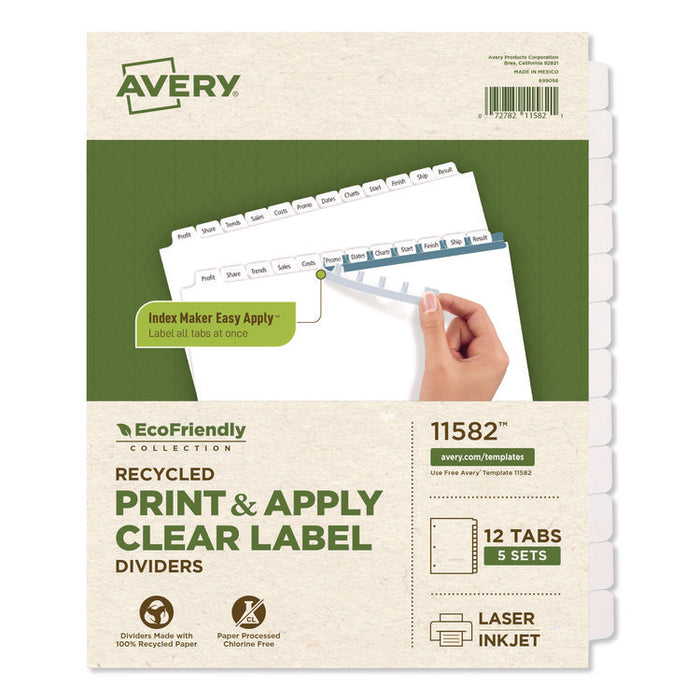 Index Maker EcoFriendly Print and Apply Clear Label Dividers with White Tabs, 12-Tab, 11 x 8.5, White, 5 Sets