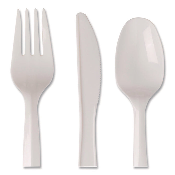 Mediumweight Polypropylene Cutlery, Fork/Knife/Teaspoon, Plastic, White, 250/Carton