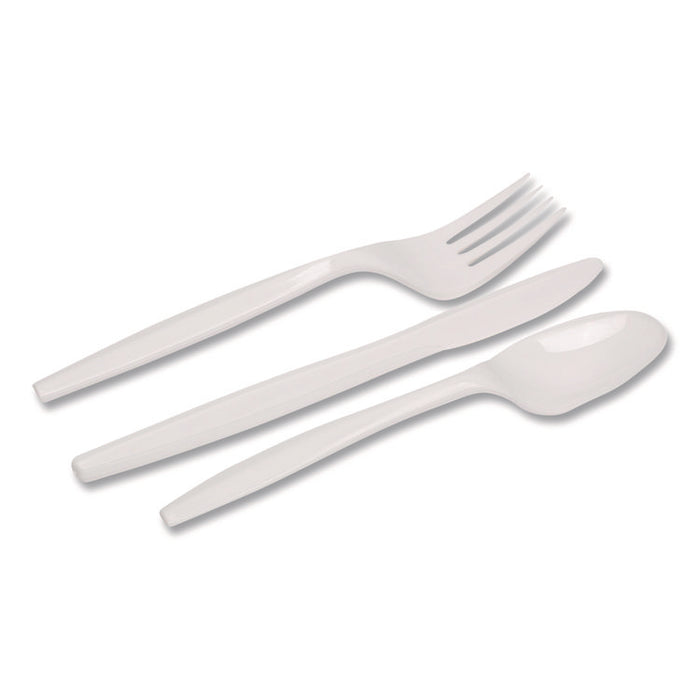 Mediumweight Polypropylene Cutlery, Fork/Knife/Teaspoon, Plastic, White, 250/Carton