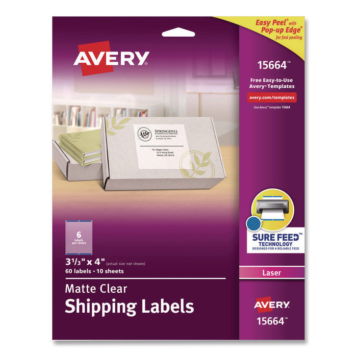 Matte Clear Easy Peel Mailing Labels w/ Sure Feed Technology, Laser Printers, 3.33 x 4, Clear, 6/Sheet, 10 Sheets/Pack