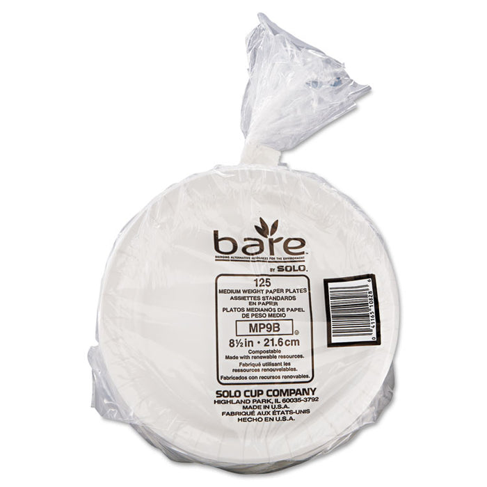 Bare Eco-Forward Clay-Coated Paper Dinnerware, ProPlanet Seal, Mediumweight, Plate, 8.5" dia, White, 125/Pack, 4 Packs/Carton
