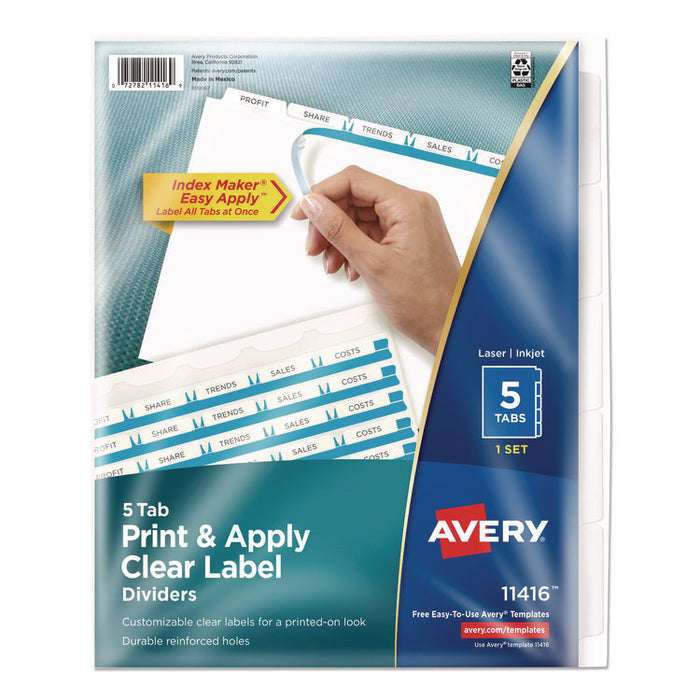 Print and Apply Index Maker Clear Label Dividers with Printable Label Strip and White Tabs, 5-Tab, 11 x 8.5, White, 1 Set
