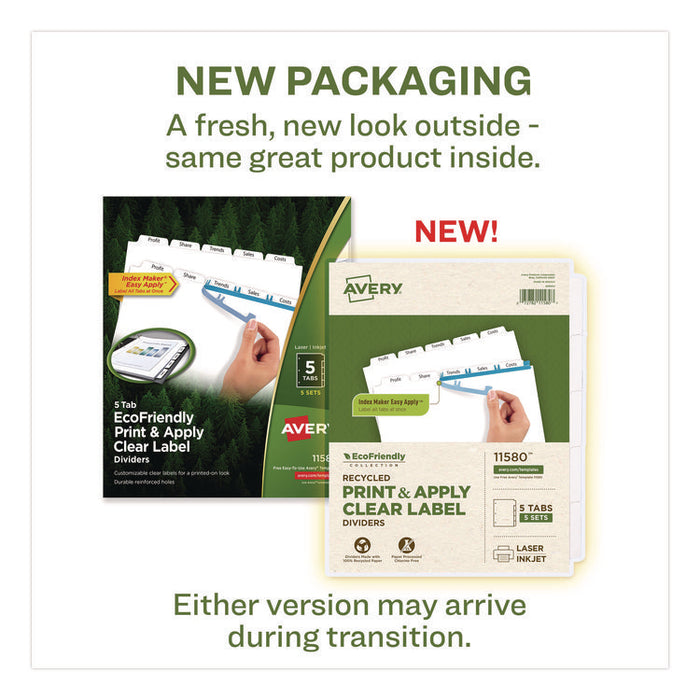 Index Maker EcoFriendly Print and Apply Clear Label Dividers with White Tabs, 5-Tab, 11 x 8.5, White, 5 Sets