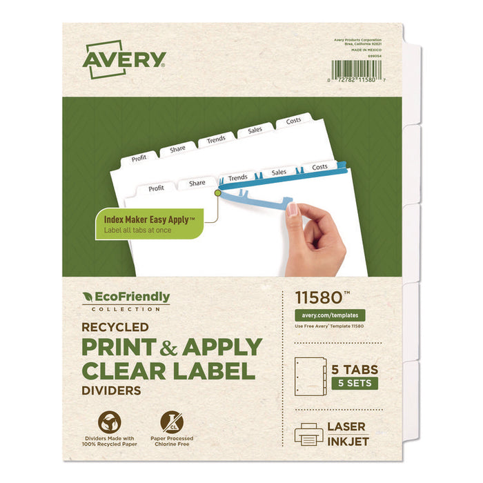 Index Maker EcoFriendly Print and Apply Clear Label Dividers with White Tabs, 5-Tab, 11 x 8.5, White, 5 Sets