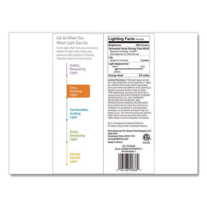 Classic LED SW Non-Dim A19 Light Bulb, 5.5 W, Soft White, 4/Pack