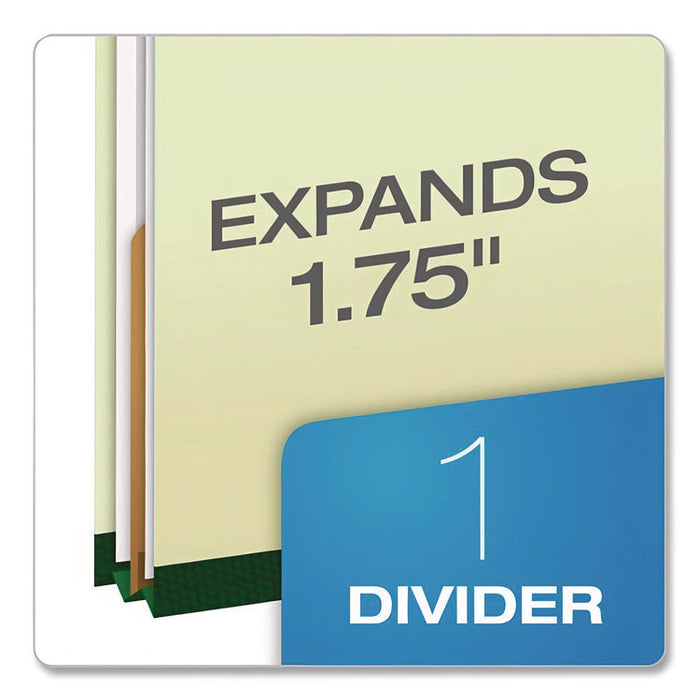 Reinforced Pressboard Classification Folders, 2/5 Tab, Expands 1.75", 1 Divider, 4 Fasteners, Letter Size, Light Green, 10/BX