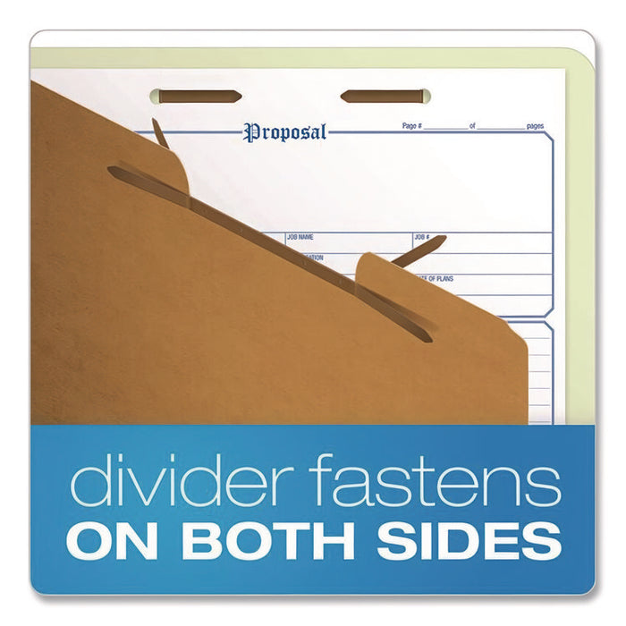 Reinforced Pressboard Classification Folders, 2/5 Tab, Expands 1.75", 1 Divider, 4 Fasteners, Letter Size, Light Green, 10/BX