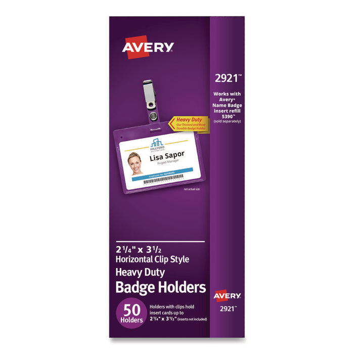Secure Top Clip-Style Badge Holders, Horizontal, 2 1/4 x 3 1/2, Clear, 50/Box