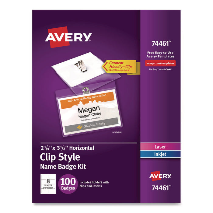 Clip-Style Badge Holder with Laser/Inkjet Insert, Top Load, 3.5 x 2.25, White, 100/Box