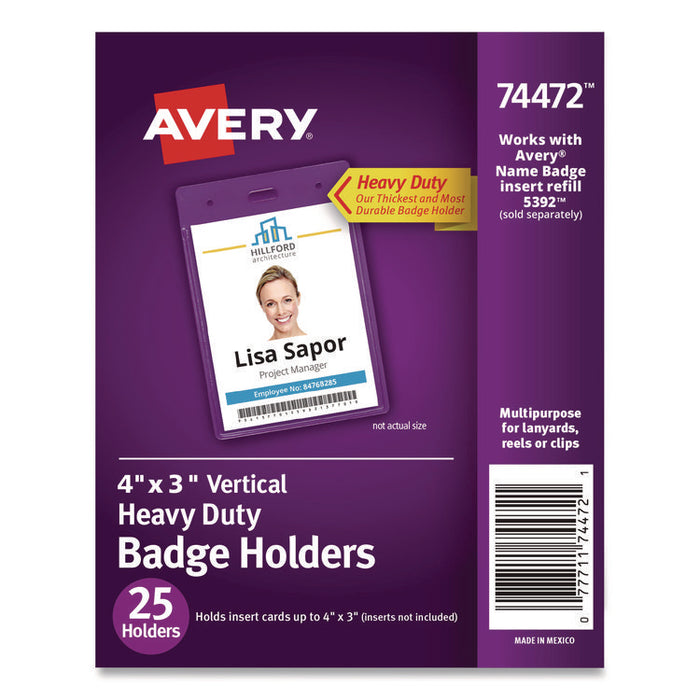 Secure Top Heavy-Duty Badge Holders, Vertical, 3w x 4h, Clear, 25/Pack