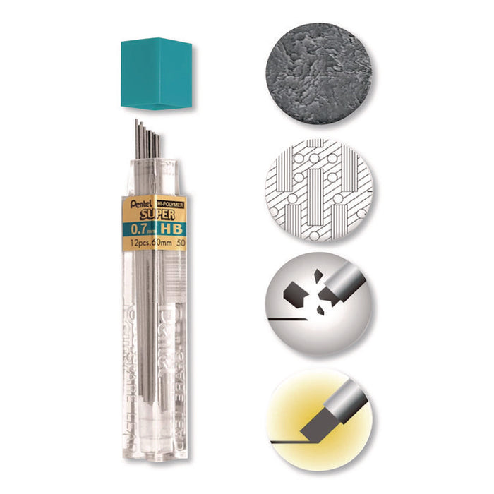 Super Hi-Polymer Lead Refills, 0.7 mm, HB, Black, 12/Tube