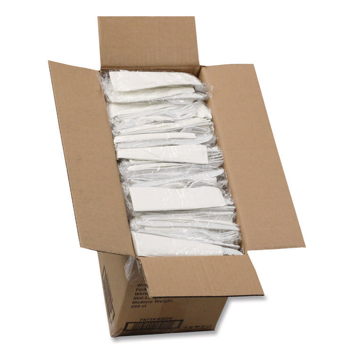 Fieldware Cutlery Kit, Individually Wrapped, Mediumweight, Fork/Knife/Napkin/Spoon, Plastic, White, 250/Carton