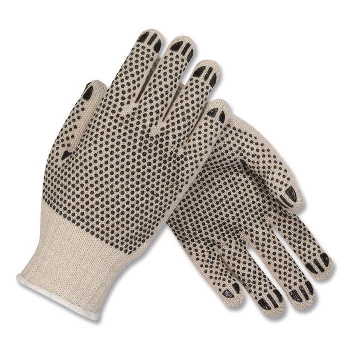 PVC-Dotted Cotton/Polyester Work Gloves, Reversible, Large, Beige/Black, 12 Pairs