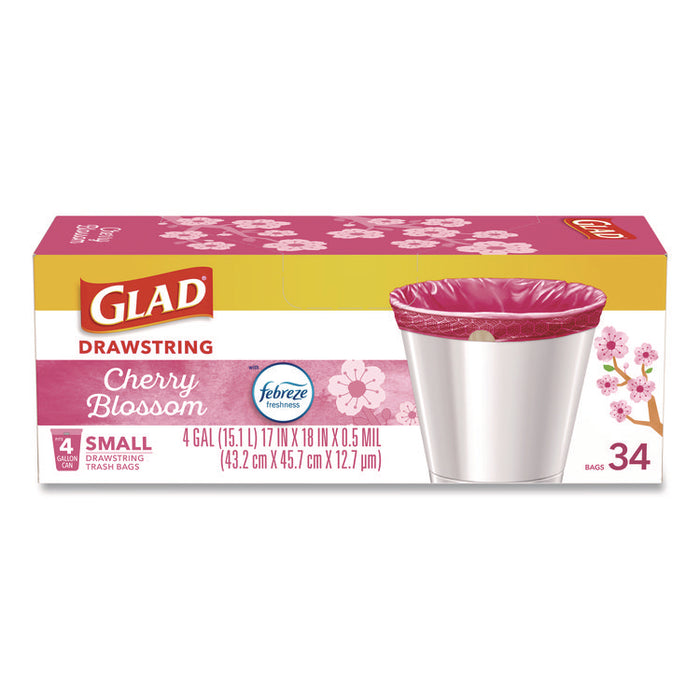 OdorShield Small Drawstring Trash Bags, 4 gal, Cherry Blossom Scent, 0.5 mil, 18" x 17", Pink, 34/Box