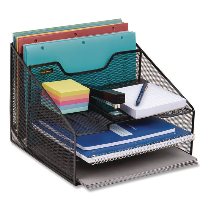 Metal Mesh Vertical File Holder Paper Tray Desktop Organizer, 2-Tier/5-Compartment, Letter Size, 11.25 x 12.5 x 9.5, Black