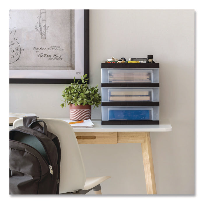 3-Drawer Desktop Storage with Top Organizer Tray, Plastic, 12.17 x 14.33 x 12.93, Black/Translucent