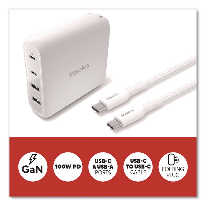 GaN USB-A/USB-C Wall Charger with Cable, 100 W, 4 Ports, White