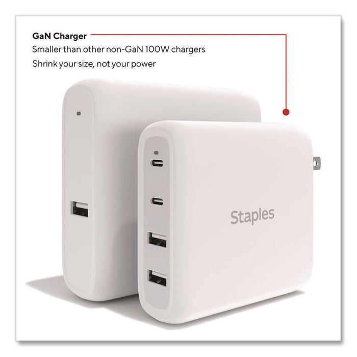 GaN USB-A/USB-C Wall Charger with Cable, 100 W, 4 Ports, White