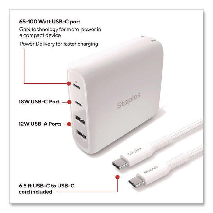 GaN USB-A/USB-C Wall Charger with Cable, 100 W, 4 Ports, White