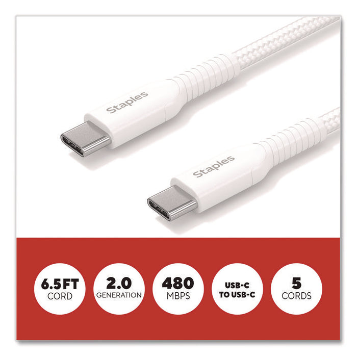 USB-C to USB-C 2.0 Charging Cable, 6.5 ft, White, 5/Pack