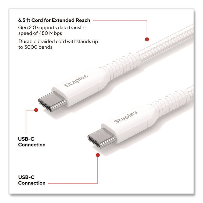 USB-C to USB-C 2.0 Charging Cable, 6.5 ft, White, 5/Pack