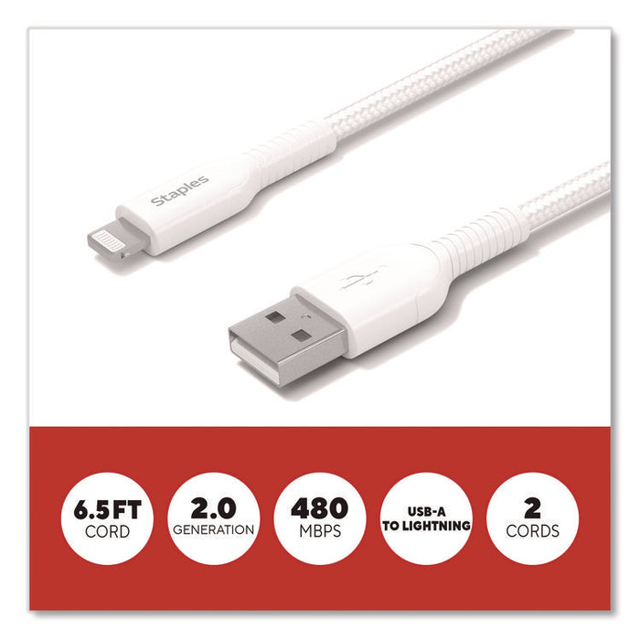 Lightning to USB-A Charging Cable, 6.6 ft, White, 2/Pack
