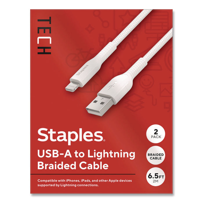 Lightning to USB-A Charging Cable, 6.6 ft, White, 2/Pack