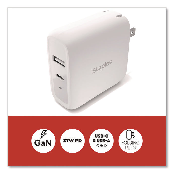GaN USB-A/USB-C Wall Charger, 37 W, 2 Ports, White