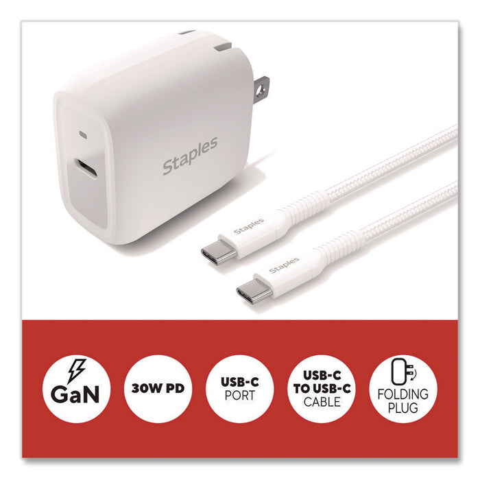 GaN USB-C Wall Charger with Cable, 30 W, 1 Port, White