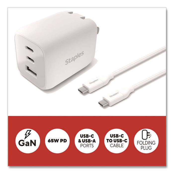 GaN USB-A/USB-C Wall Charger with Cable, 65 W, 3 Ports, White