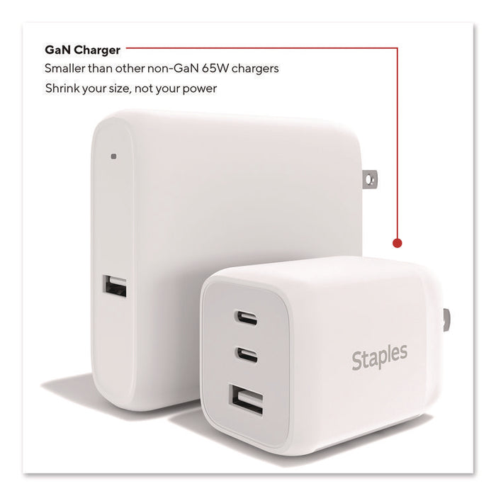 GaN USB-A/USB-C Wall Charger with Cable, 65 W, 3 Ports, White