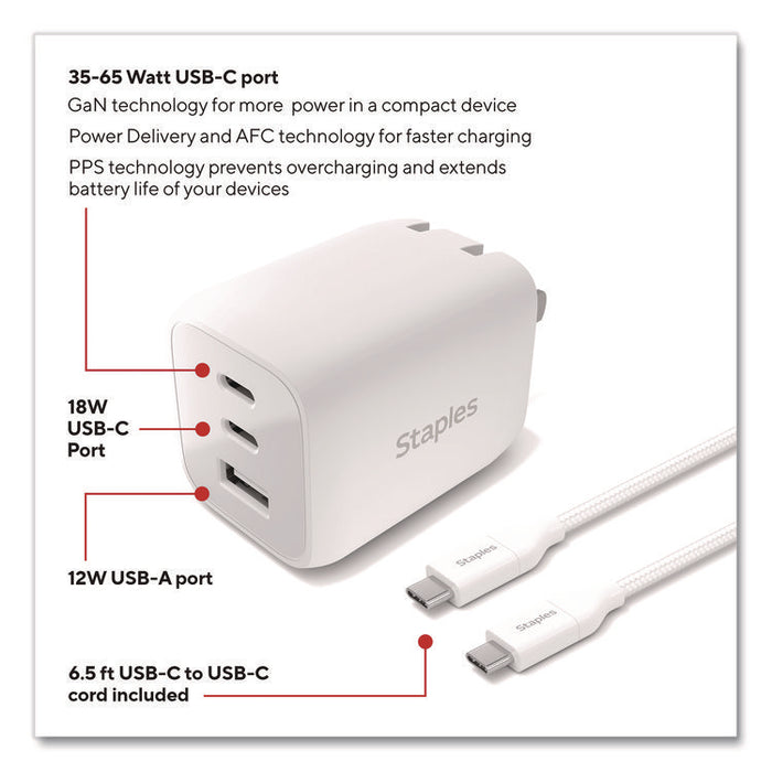 GaN USB-A/USB-C Wall Charger with Cable, 65 W, 3 Ports, White