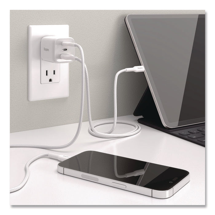 GaN USB-A/USB-C Wall Charger with Cable, 65 W, 3 Ports, White
