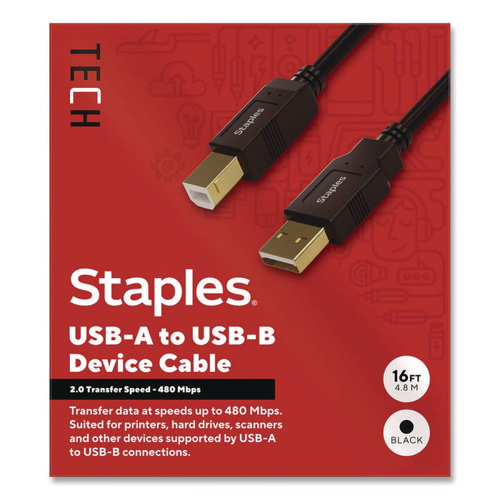 USB-A to USB-B 2.0 Cable, 16 ft, Black