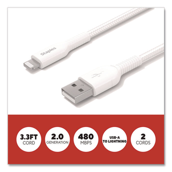 Lightning to USB-A Charging Cable, 3.3 ft, White, 2/Pack