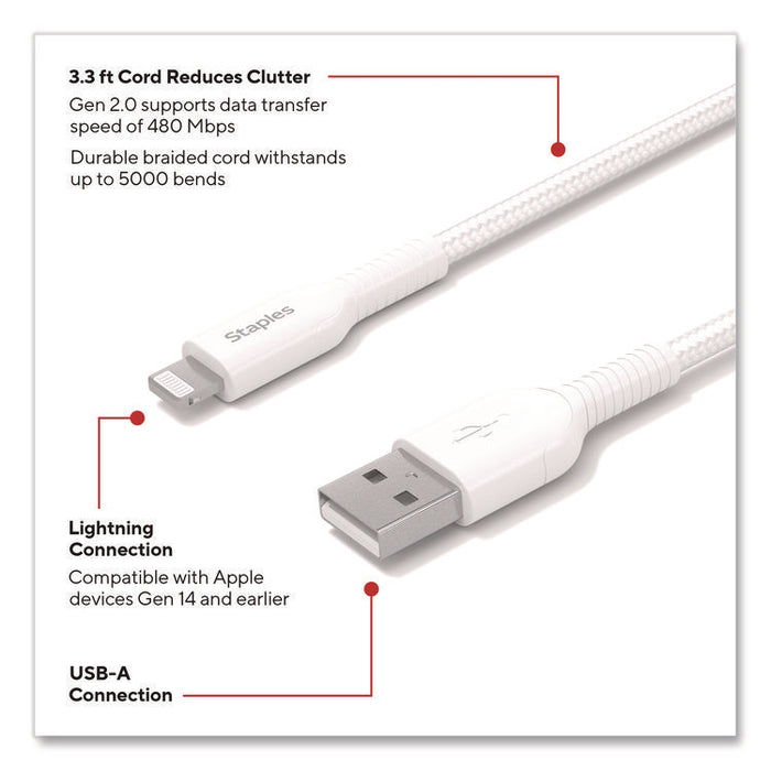 Lightning to USB-A Charging Cable, 3.3 ft, White, 2/Pack