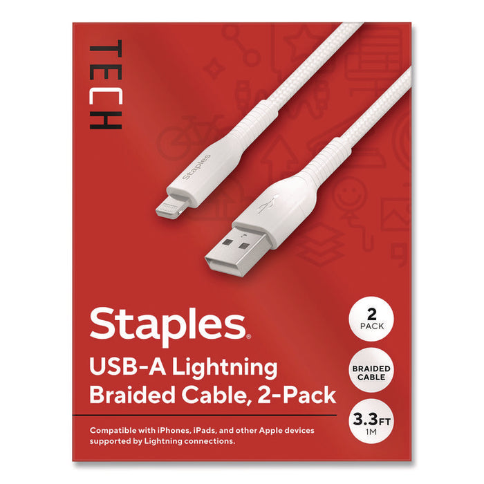 Lightning to USB-A Charging Cable, 3.3 ft, White, 2/Pack