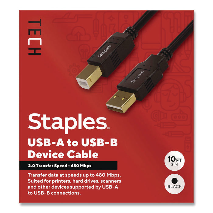 USB-A to USB-B 2.0 Cable, 10 ft, Black