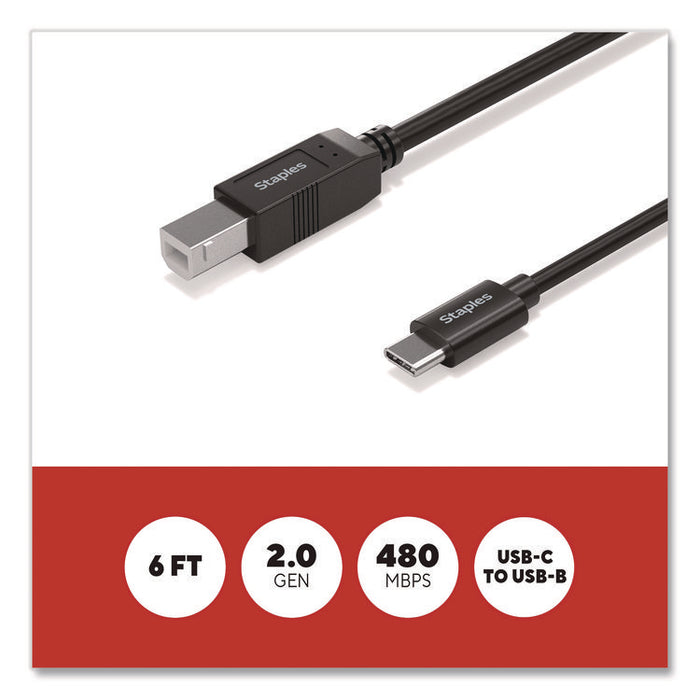 USB-C to USB-B 2.0 Cable, 6 ft, Black